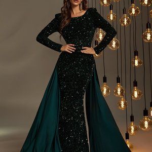 Brand New Contrast Sequin Mermaid Hem Prom Dress Dark Green
